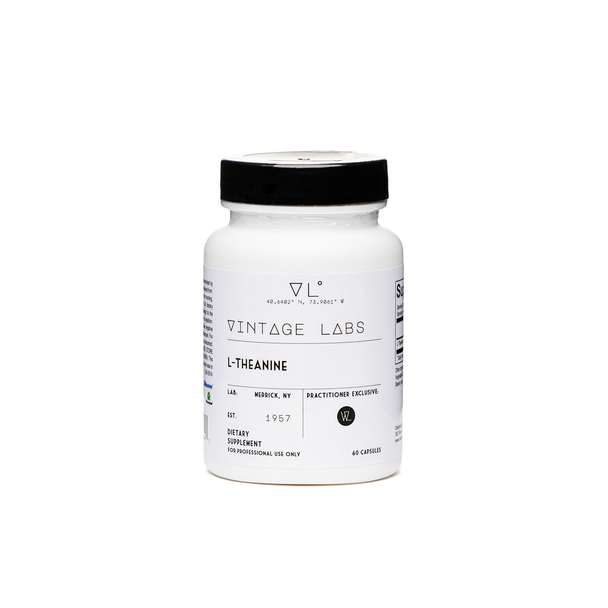 White supplement bottle with black cap labeled 'Vintage Labs' on a white background