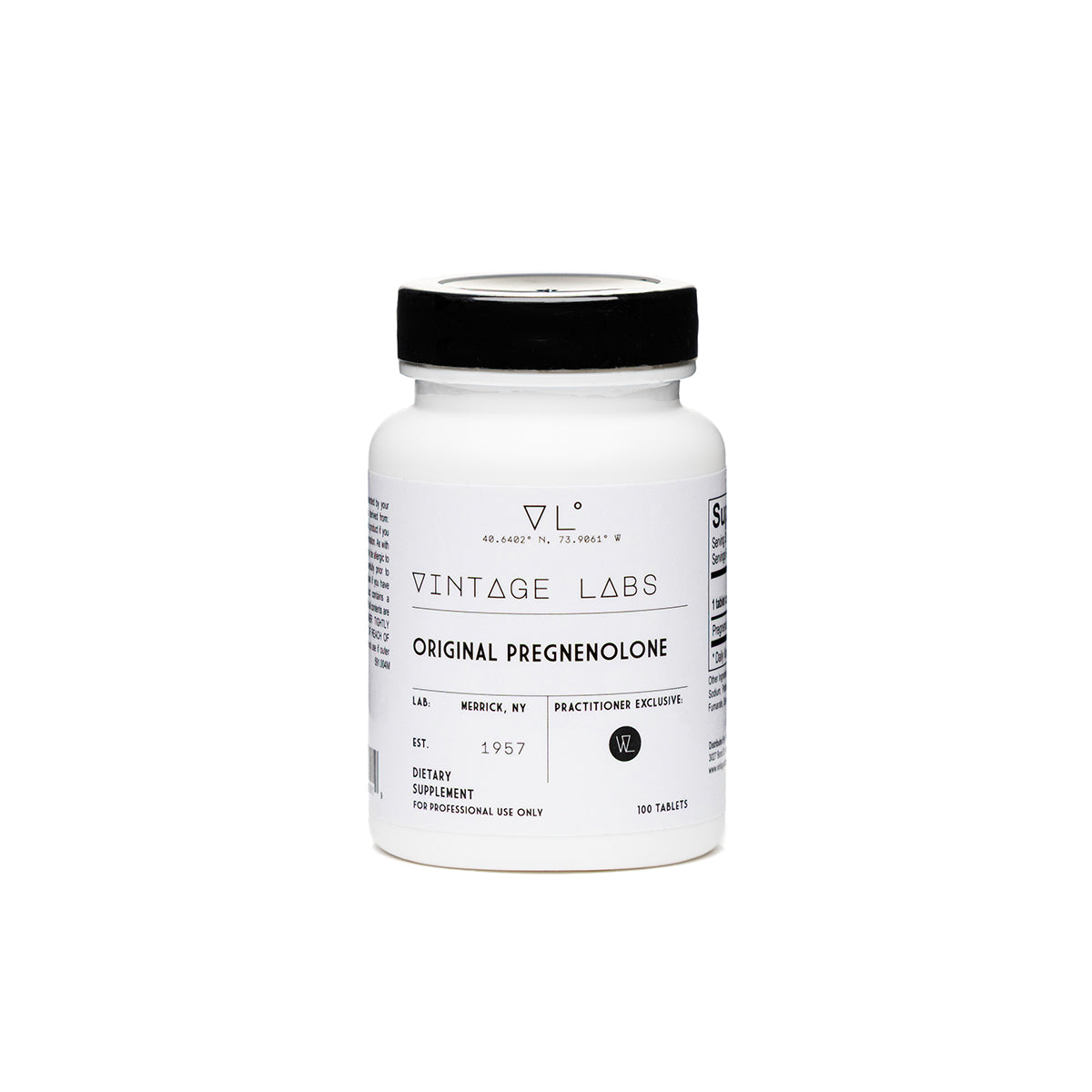 White supplement bottle labeled 'Vintage Labs' on a white background