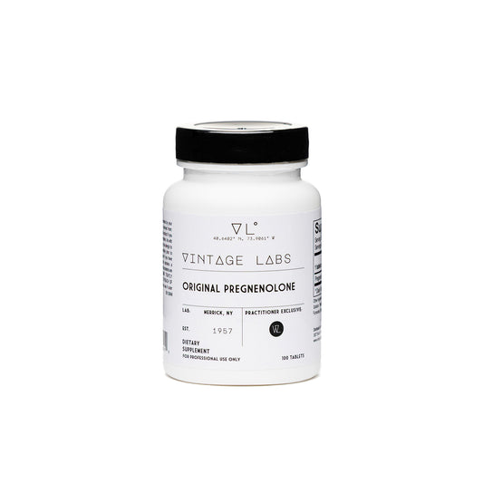 White supplement bottle labeled 'Vintage Labs' on a white background