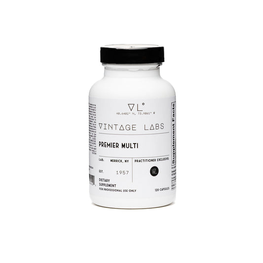 Supplement bottle labeled 'Vintage Labs Premier Multi' on a white background