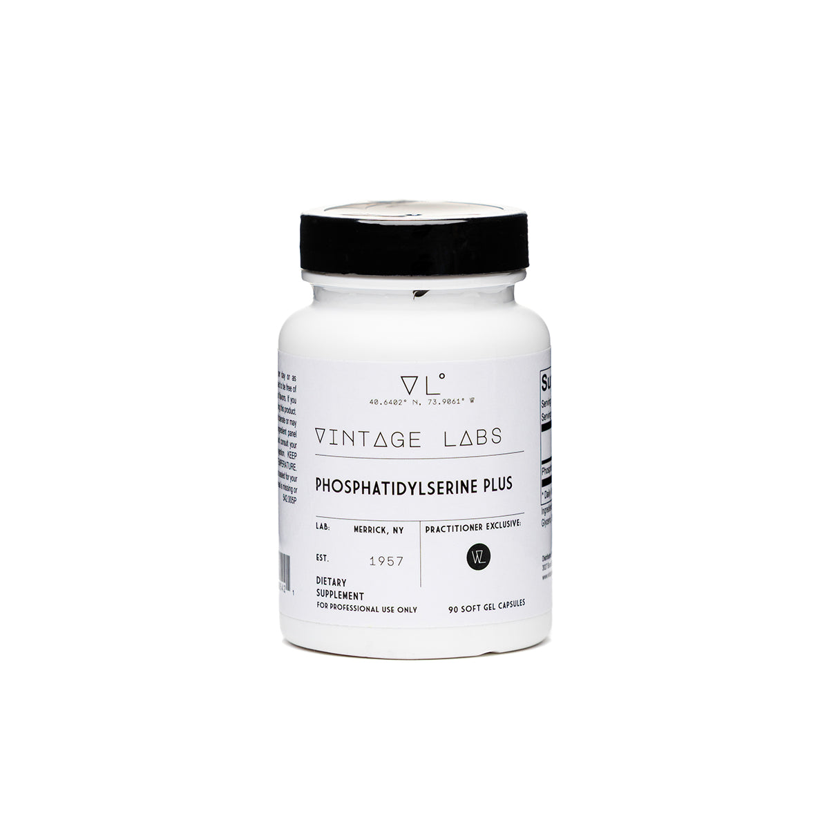 White supplement bottle with black cap and label on a white background