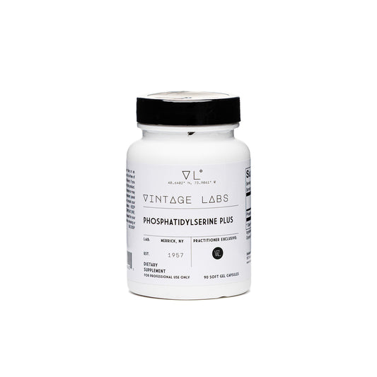 White supplement bottle with black cap and label on a white background
