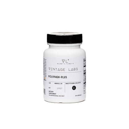 White supplement bottle with black cap labeled 'Vintage Labs' on a white background