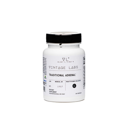 White supplement bottle with black lid on a white background, featuring 'Vintage Labs' branding.
