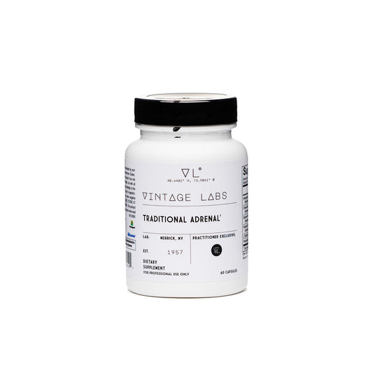White supplement bottle with black lid on a white background, featuring 'Vintage Labs' branding.