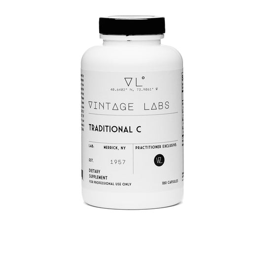 Supplement bottle labeled 'Vintage Labs Traditional C' on a white background