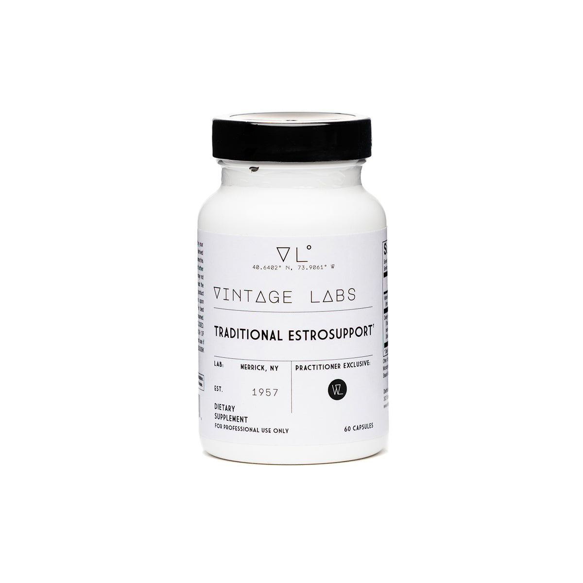 Supplement bottle labeled 'Vintage Labs Traditional Estrosupport' on a white background