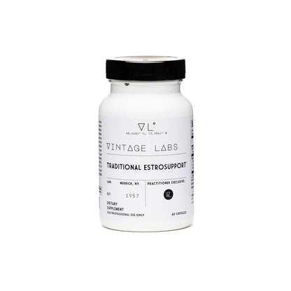 Supplement bottle labeled 'Vintage Labs Traditional Estrosupport' on a white background