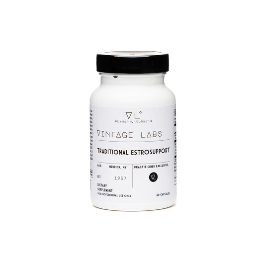 Supplement bottle labeled 'Vintage Labs Traditional Estrosupport' on a white background