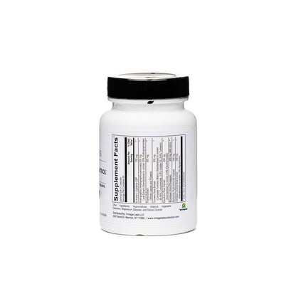 White supplement bottle with black cap on a white background