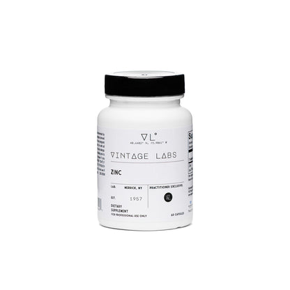 Supplement bottle labeled 'Vintage Labs Zinc' on a white background