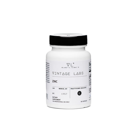 Supplement bottle labeled 'Vintage Labs Zinc' on a white background