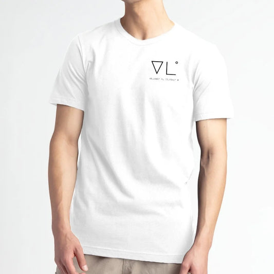 White t-shirt with a logo on a white background
