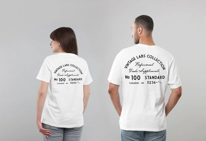 Two people wearing white t-shirts with 'Vintage Labs Collection' text on a gray background